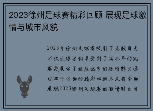 2023徐州足球赛精彩回顾 展现足球激情与城市风貌