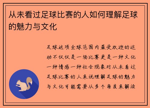 从未看过足球比赛的人如何理解足球的魅力与文化