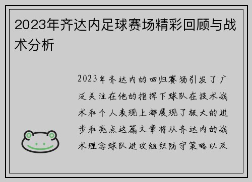 2023年齐达内足球赛场精彩回顾与战术分析