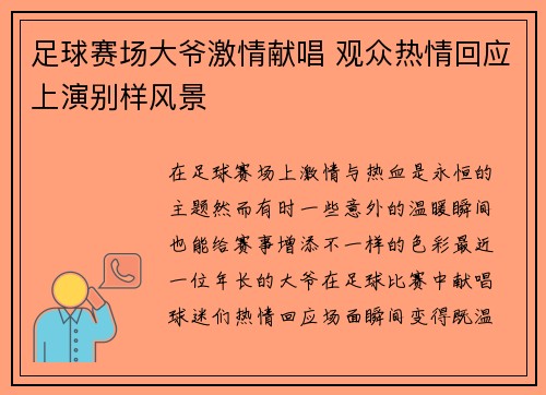 足球赛场大爷激情献唱 观众热情回应上演别样风景