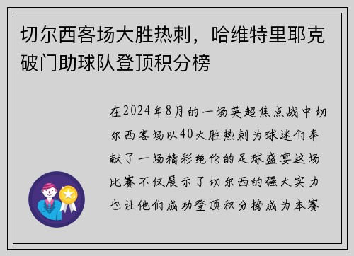 切尔西客场大胜热刺，哈维特里耶克破门助球队登顶积分榜