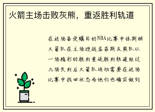 火箭主场击败灰熊，重返胜利轨道