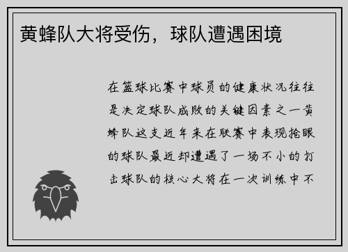 黄蜂队大将受伤，球队遭遇困境