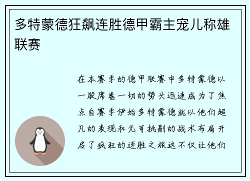 多特蒙德狂飙连胜德甲霸主宠儿称雄联赛