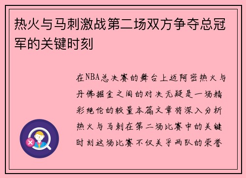 热火与马刺激战第二场双方争夺总冠军的关键时刻