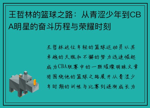 王哲林的篮球之路：从青涩少年到CBA明星的奋斗历程与荣耀时刻
