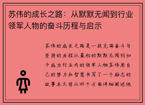 苏伟的成长之路：从默默无闻到行业领军人物的奋斗历程与启示