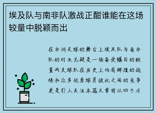 埃及队与南非队激战正酣谁能在这场较量中脱颖而出