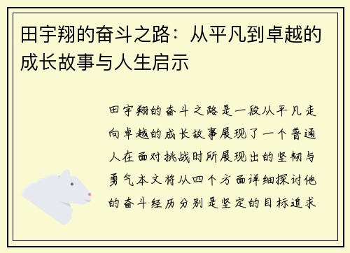 田宇翔的奋斗之路：从平凡到卓越的成长故事与人生启示