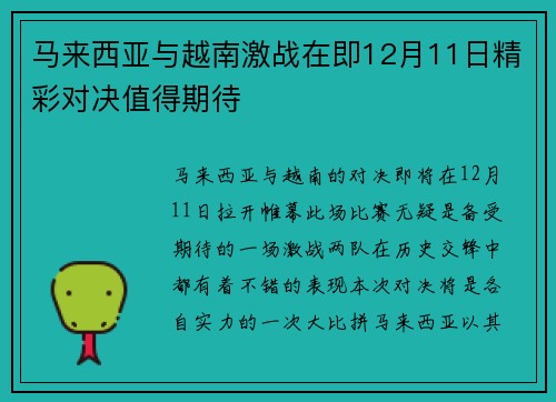 马来西亚与越南激战在即12月11日精彩对决值得期待