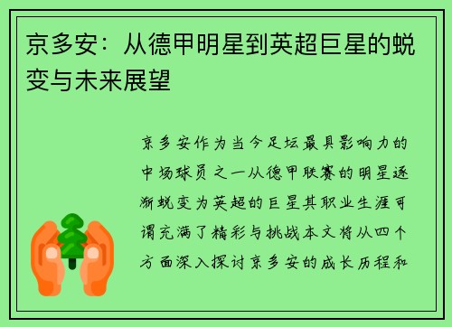 京多安：从德甲明星到英超巨星的蜕变与未来展望