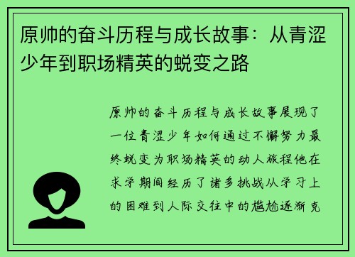 原帅的奋斗历程与成长故事：从青涩少年到职场精英的蜕变之路