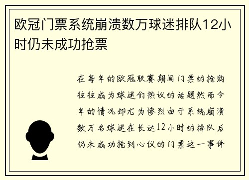 欧冠门票系统崩溃数万球迷排队12小时仍未成功抢票