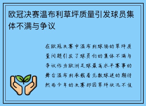 欧冠决赛温布利草坪质量引发球员集体不满与争议