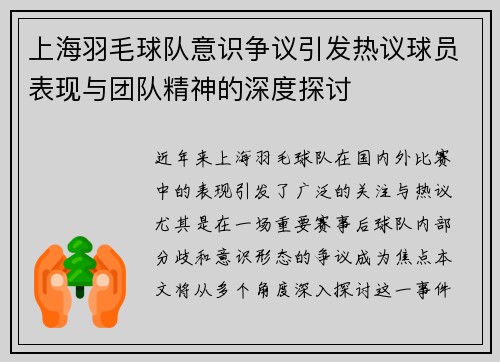 上海羽毛球队意识争议引发热议球员表现与团队精神的深度探讨
