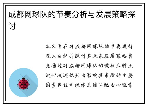 成都网球队的节奏分析与发展策略探讨