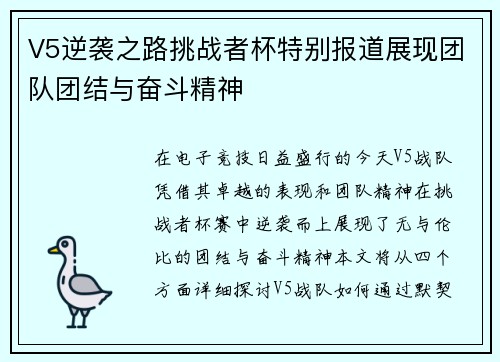 V5逆袭之路挑战者杯特别报道展现团队团结与奋斗精神