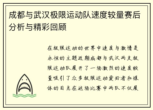 成都与武汉极限运动队速度较量赛后分析与精彩回顾