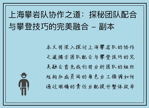 上海攀岩队协作之道：探秘团队配合与攀登技巧的完美融合 - 副本