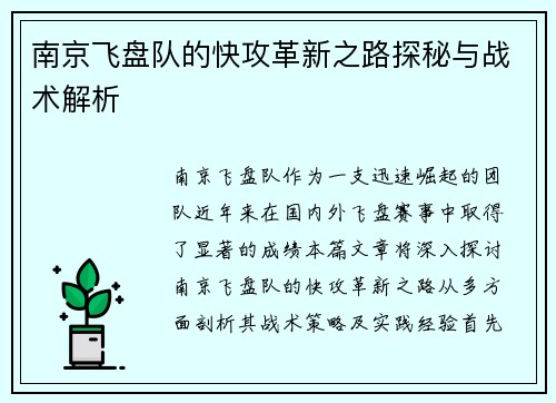 南京飞盘队的快攻革新之路探秘与战术解析