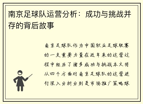 南京足球队运营分析：成功与挑战并存的背后故事